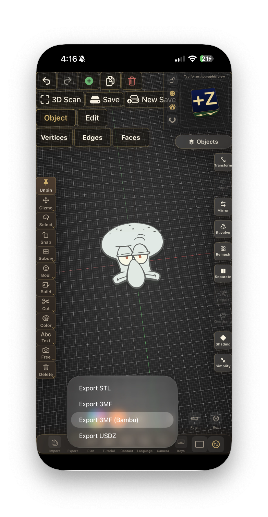 Export menu in Forma3D showing Export 3MF (Bambu) option