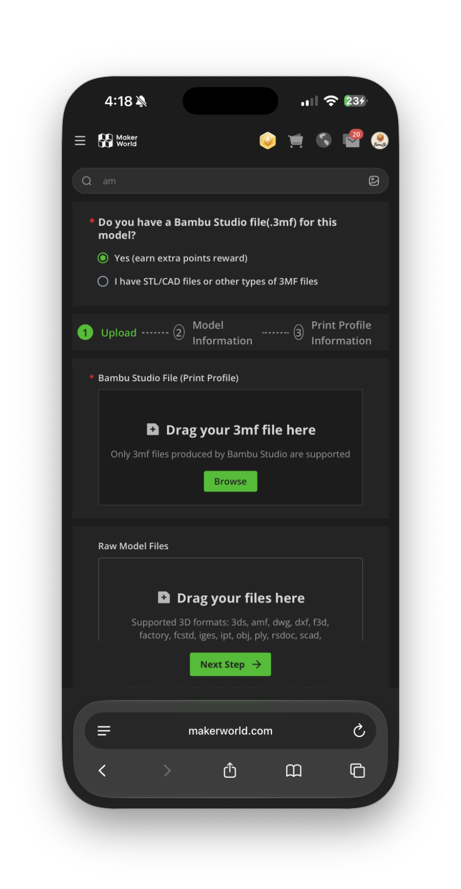 MakerWorld upload screen with Bambu Studio file option selected