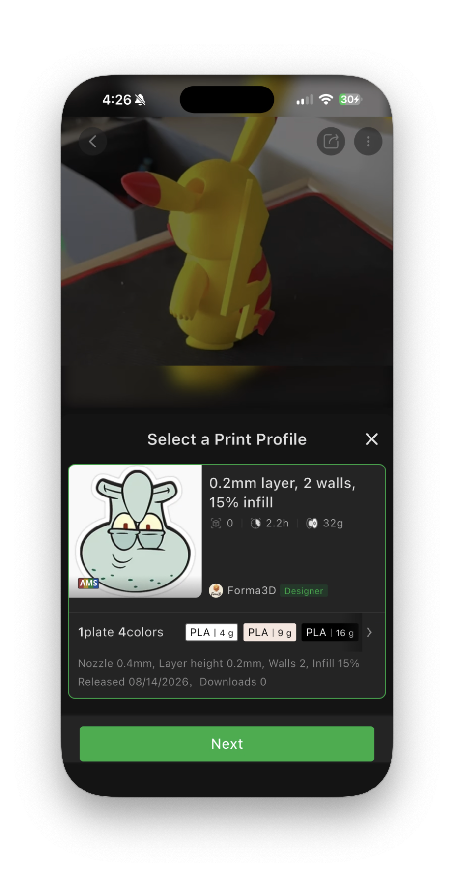 Bambu Handy Select a Print Profile screen